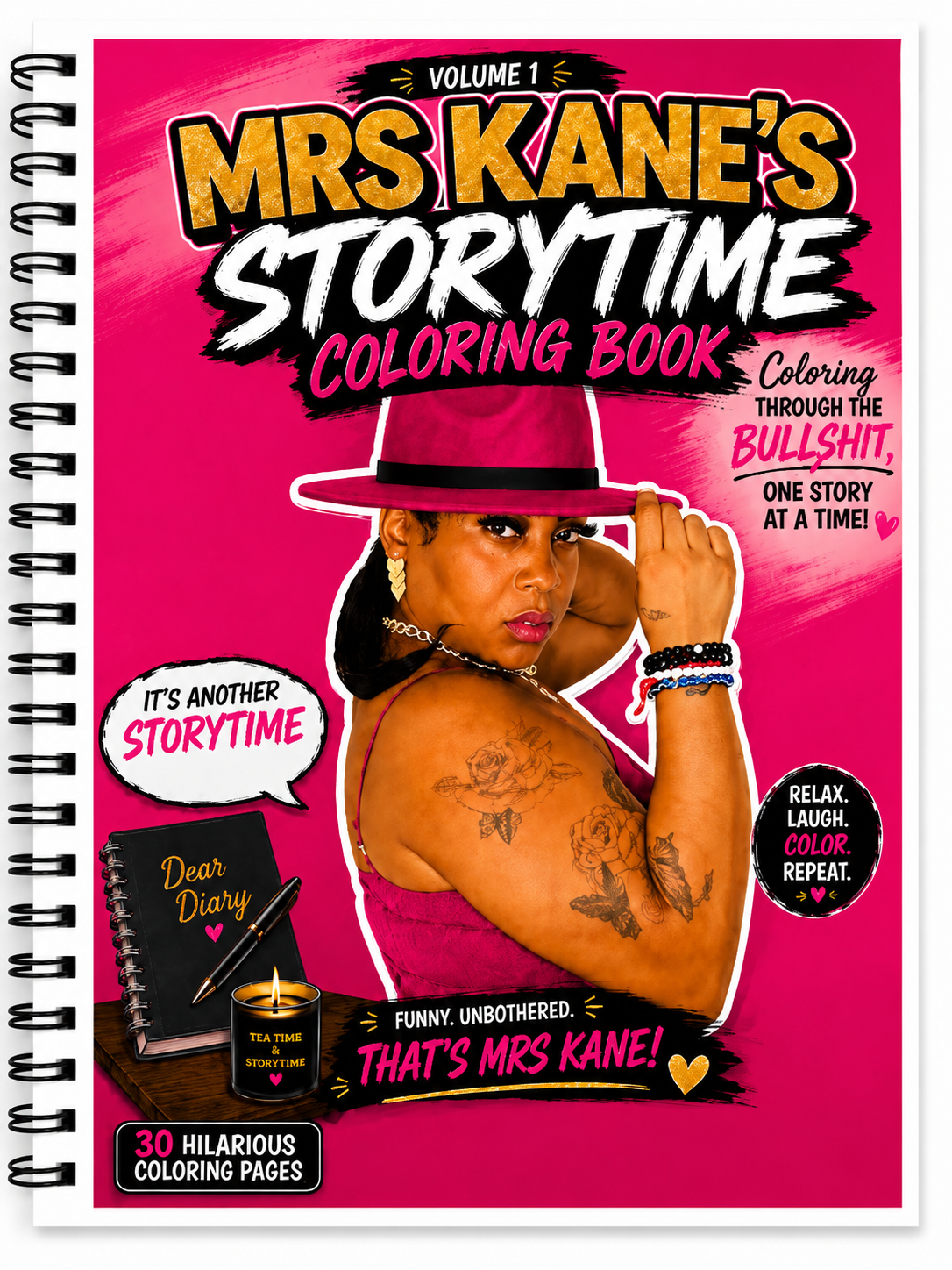 Mrs. Kane’s Storytime Coloring Book Volume 1 with pink cover and 30 hilarious coloring pages